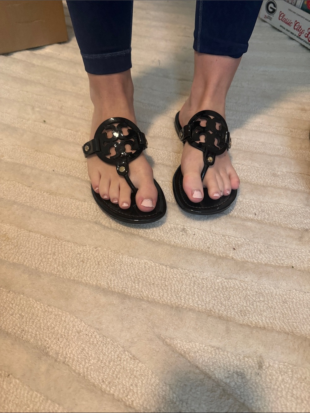 Tory Burch Black Patent Miller T-Strap Sandals